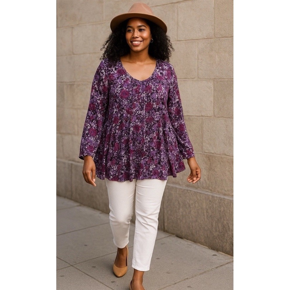 Ulla Popken 32/34 Purple 5X Floral Artsy‎ Boho Button Up Tunic Top Flowy Stretch